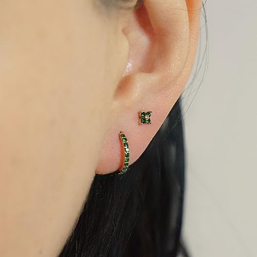 QueenBee 14K Gold Plated Ivy Flower Birthstone Stud Earrings for Women Dainty Floral Gemstone Studs Unique Jewelry Gift for Her - color: May-Emerald