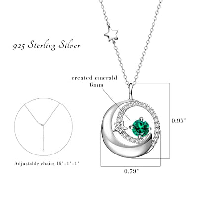 FANCIME Birthstone Necklaces 925 Sterling Silver Moon and Star Pendant Fine Jewelry Birthday Mothers Day Gifts for Mom Wife Her Daughter, Adjustable Chain 16+2" - color: May-Emerald