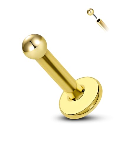 COCHARM 14K Solid Gold Helix Cartilage Tragus Earring Stud 16g Yellow Gold Threadless Tragus Cartilage Helix Conch Piercing Jewelry Flat Back Lip Labret Medusa Monroe Piercing Stud - color: 1.5mm Top, size: 6mm Length