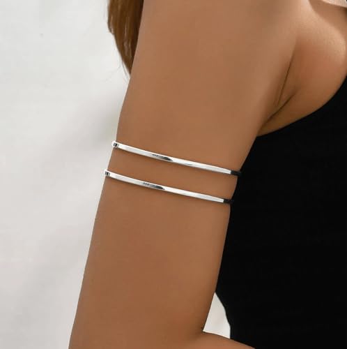 ItsStarred Minimalist Arm Cuff Gold Plated, Upper Arm Cuff Bangle Bracelet for Women, Adjustable Arm band Set 6 Pieces - color: F: Silver Plated Flower 6pcs