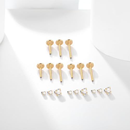 Xpircn Flat Back Stud Earrings 14K Gold Plated Internally Threaded CZ Stud Piercing Jewelry for Tragus Helix Cartilage Conch Nose Hypoallergenic Lip Labret Medusa Piercing 16G 18G - color: 18 Gauge, Gold, size: Mixed (8/10/12mm) Bar