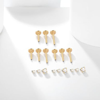 Xpircn Flat Back Stud Earrings 14K Gold Plated Internally Threaded CZ Stud Piercing Jewelry for Tragus Helix Cartilage Conch Nose Hypoallergenic Lip Labret Medusa Piercing 16G 18G - color: 18 Gauge, Gold, size: Mixed (8/10/12mm) Bar