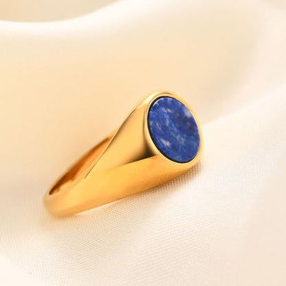 MYNENEY Stainless Steel Round Shape Classical Simple Plain Wedding Engagement Statement Pinky Band Signet Rings for Men Women Size 4-15 - color: Lapis lazuli-Gold