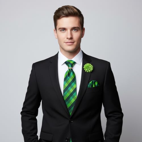5PCS Mens Silk Tie, Pocket Square, Cufflinks, Drilled Tie Ring and Lapel Pin Set for Wedding Groom Party - color: Green Tie Set -250