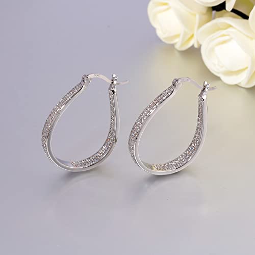 925 Sterling Silver Post Hoop Earrings for Women Gilrs Multcolors Cubic Zircon Hoops 14K Gold Plated Oval Chunky Hoop Earrings Jewelry Gift for Mothers Day/July 4th/Wedding/Party/Christmas - color: White