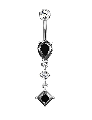 Belly Button Ring Dangle, Cross Belly Button Ring, Navel Piercing | 316L Surgical Steel, AAA+ Cubic Zirconia, Nickel-Free, Hypoallergenic, Multi-Style, 14 Gauge 10 mm Screw On Piercing Stud - style: Dangling Black CZ