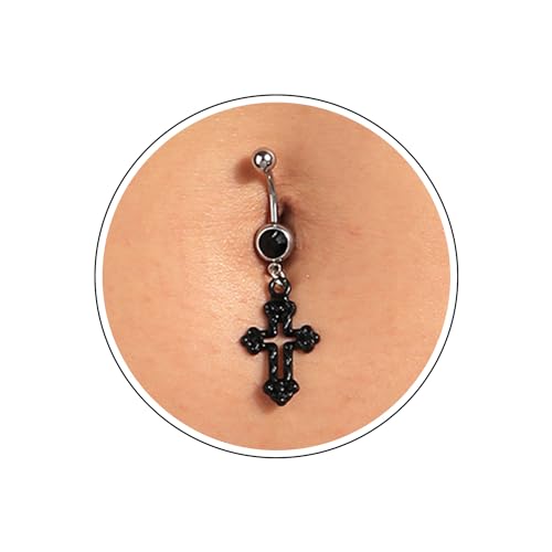Silver Belly Button Ring Crystal Spider Dangle Belly Ring Sparkly Cubic Zirconia Insect Navel Ring Surgical Steel Belly Navel Piercing Jewelry for Women Girls - style: cross