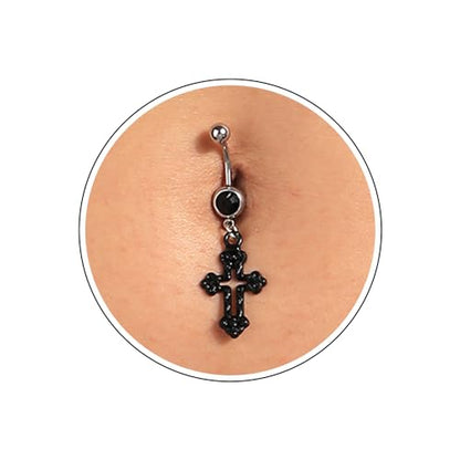Silver Belly Button Ring Crystal Spider Dangle Belly Ring Sparkly Cubic Zirconia Insect Navel Ring Surgical Steel Belly Navel Piercing Jewelry for Women Girls - style: cross