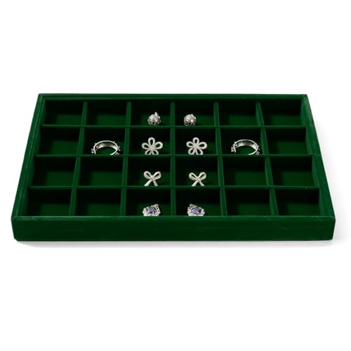 24-Grid Velvet Jewelry Tray for Ring & Earring Storage Green | 24 Compartments, Large Capacity, For Home & Commercial Use, Stackable - size: 24 Grid