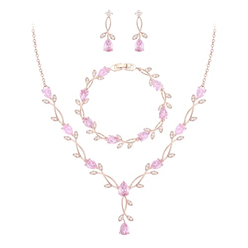 EVER FAITH Cubic Zirconia Pearl Leaf Bridal Jewelry Set for Bride Women | White Wedding Prom Necklace Dangle Earrings Bracelet, for Bridesmaid - color: CZ_Pink Rose Gold-Plated-Brass