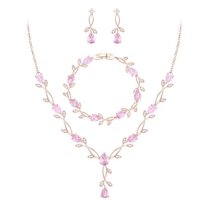 EVER FAITH Cubic Zirconia Pearl Leaf Bridal Jewelry Set for Bride Women | White Wedding Prom Necklace Dangle Earrings Bracelet, for Bridesmaid - color: CZ_Pink Rose Gold-Plated-Brass