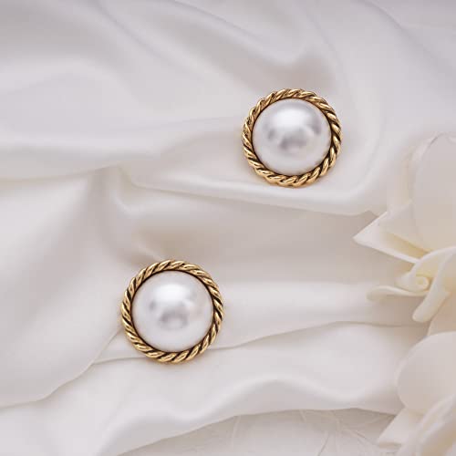 Large Pearl Earrings for Women, Chunky Gold Button Pearl Studs | Gold Twist Trim, Statement Vintage Style, 23mm, 14K Gold-Plated Brass, Faux Mabe Pearl, for Wedding, Parties, Elegant Look