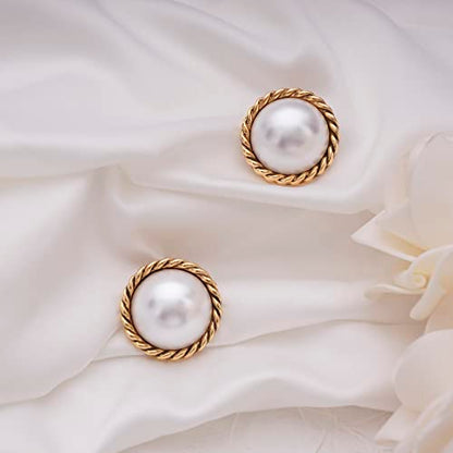 Large Pearl Earrings for Women, Chunky Gold Button Pearl Studs | Gold Twist Trim, Statement Vintage Style, 23mm, 14K Gold-Plated Brass, Faux Mabe Pearl, for Wedding, Parties, Elegant Look