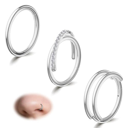 davka Nose Ring Set, 18G Hinged Hoop 8mm & 20G Nose Studs, Stainless Steel & Gold Plated, Hypoallergenic, Multiple Styles Nose Piercing Jewelry - color: Silver/3Pcs Hoops/18gauge 8mm/Set D