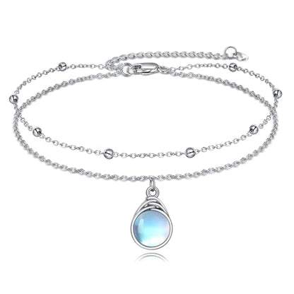 POPLYKE Frog/Pearl/Dragonfly/Ladybug/Highland Cow/Pearl/Moonstone Anklets Sterling Silver Double Layered Chain Beach Anklets for Women Foot Jewelry - style: Moonstone
