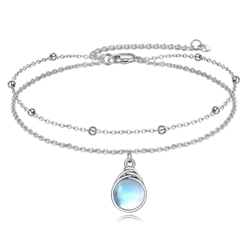 POPLYKE Frog/Pearl/Dragonfly/Ladybug/Highland Cow/Pearl/Moonstone Anklets Sterling Silver Double Layered Chain Beach Anklets for Women Foot Jewelry - style: Moonstone