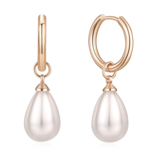 14k Gold Plated Lightweight Pearl Earrings,Trendy Jewelry,Teardrop Hoop Earrings for Women,Pearl Drop Earrings,Elegant Jewelry for Gifts - color: Circle Pearl Rose Gold