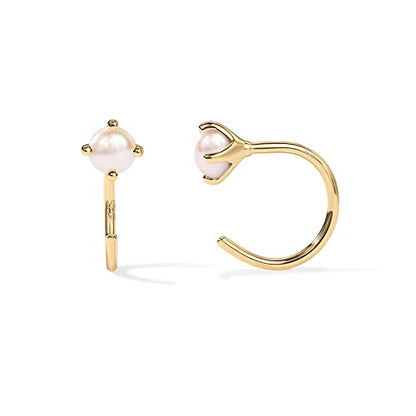 PAVOI 14K Gold 925 Sterling Silver Huggie Half Hoop Earrings for Women | Tiny Boho Colored Cartilage Earring | Blue, Green, Amethyst, Garnet, Black CZ, Turquoise, Opal, Pearl - style: Pearl