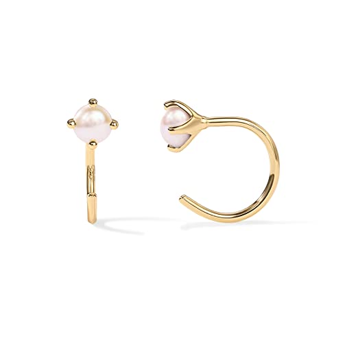 PAVOI 14K Gold 925 Sterling Silver Huggie Half Hoop Earrings for Women | Tiny Boho Colored Cartilage Earring | Blue, Green, Amethyst, Garnet, Black CZ, Turquoise, Opal, Pearl - style: Pearl