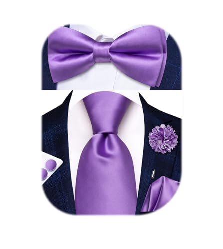 Hi-Tie 5Pcs Mens Solid Color Silk Tie Satin Pretied Bowtie Lapel Pin for Men Handkerchief Cufflink Wedding Gift Box - color: Lavender