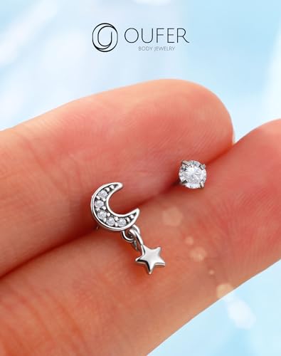 OUFER 2PCS Stainless Steel Nose Rings, Moon Star Butterfly Design 20G Nostril Dangle Piercing Jewelry - 7MM - style: Moon