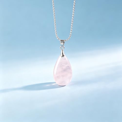 Natural Stone Teardrop Pendant Necklace, Birthstone Water Drop Gemstone Necklace with Stainless Steel Chain for Women - color: Rose Quartz