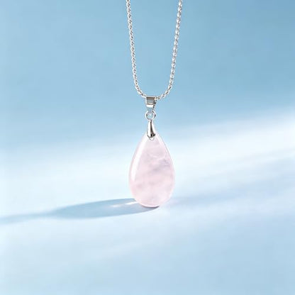 Natural Stone Teardrop Pendant Necklace, Birthstone Water Drop Gemstone Necklace with Stainless Steel Chain for Women - color: Rose Quartz