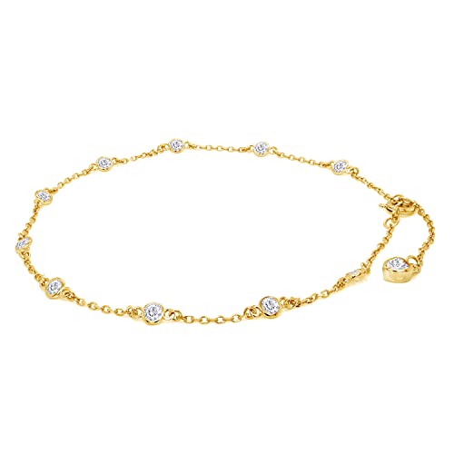 Link Chain Station Anklet Bracelet for Women 1.00 CT | 3MM Round Moissanite in Sterling Silver Jewelry for Her 8" to 10" - color: A2 : Yellow Gold