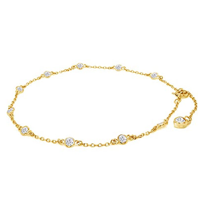 Link Chain Station Anklet Bracelet for Women 1.00 CT | 3MM Round Moissanite in Sterling Silver Jewelry for Her 8" to 10" - color: A2 : Yellow Gold