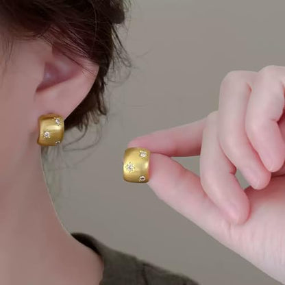 14K Gold Plated Women's Geometric Stud Earrings with Micro-Pave Zirconia, Semi-Curved Brushed Matte Finish,Elegant Light Luxury Jewelry Gift