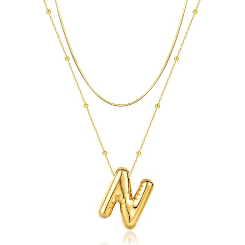 LUCA SMITH 2-Piece Initial Necklaces for Women, Dainty Balloon Bubble A-Z Letter Necklace Set, Name Letter Alphabet Pendant Layered Choker Necklaces Personalized Jewelry Gift - color: Gold bubble letter necklace, style: Initial Set-N