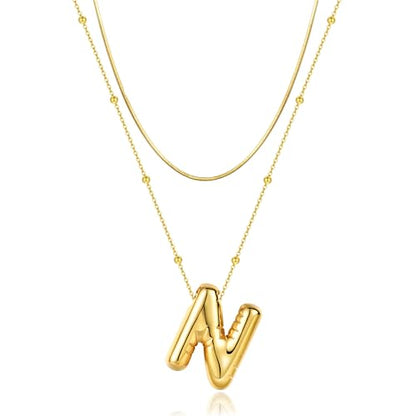 LUCA SMITH 2-Piece Initial Necklaces for Women, Dainty Balloon Bubble A-Z Letter Necklace Set, Name Letter Alphabet Pendant Layered Choker Necklaces Personalized Jewelry Gift - color: Gold bubble letter necklace, style: Initial Set-N