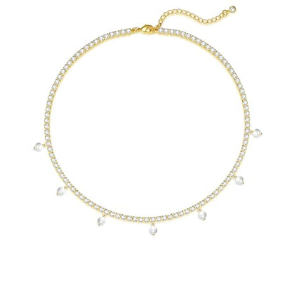 Luxval Tennis Necklace 14K Gold Plated Rhinestone Butterfly Choker Necklaces for women Dainty Zirconia Cut Faux Diamond chain 3mm - color: Gold-Pearl dangle tennis