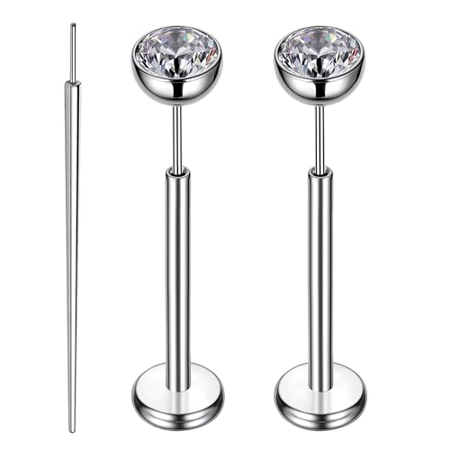 Gotumo 16G 18G 20G Flat Back Earrings Stud Titanium Threadless Nose Rings Tragus Labret Cartilage Lip Medusa Conch Body Piercing Jewelry Hypoallergenic for Women Men - color: Silver, size: 16G Bar Lengths 10mm & CZ 4mm