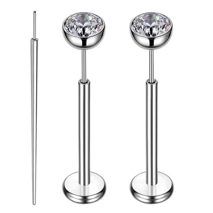 Gotumo 16G 18G 20G Flat Back Earrings Stud Titanium Threadless Nose Rings Tragus Labret Cartilage Lip Medusa Conch Body Piercing Jewelry Hypoallergenic for Women Men - color: Silver, size: 16G Bar Lengths 10mm & CZ 4mm