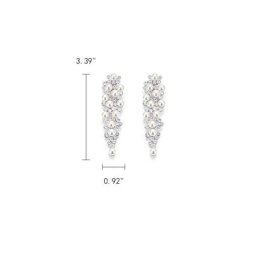 EleQueen Wedding Clip on Sparkle Simulated Pearl Rhinestone Crystal Chandelier Dangle Earrings for Bride Bridesmaid - color: Ivory Silver-Tone