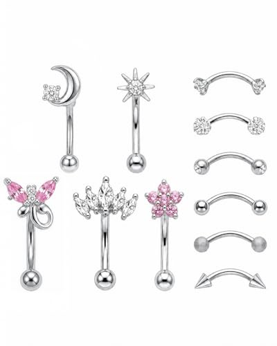 YACHY 11PCS/9PCS 16G Eyebrow Piercing Jewelry for Women Men, Eyebrow Rings Rook Earrings Rook Piercing Jewelry Belly Lip Ring Curved Barbells Eyebrow Piercing Cartilage Daith Helix Tragus Body Piercings - color: 11PCS-8mm-Silver