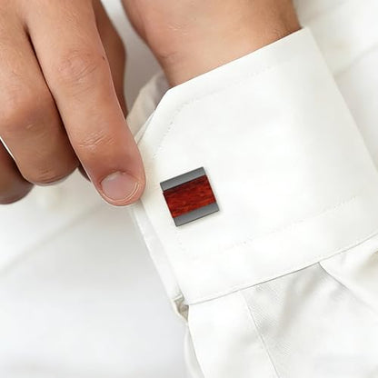 Cuff Links Mens Cufflinks Wood Inlay - Rectangular Brass Cuff Links with Gunmetal Finish, 3-Layer Electroplating, Unique Wood Grain Shirt Accessories for Business Wedding Tuxedo, Durable & Anti-Fade Jewelry Gift - color: Black/Wood