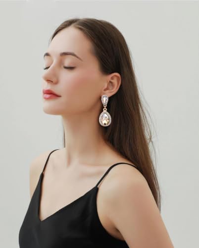 Elegant Rhinestone Statement Earrings Sparkly Cluster Crystal Drop Dangle Earrings Teardrop Chandelier Earrings Wedding Bridal Prom Earrings for Women - color: B1:Champagne