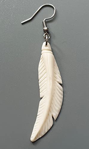 Hand Carved Bone Feather Dangle Drop Boho Tribal Earrings FA026 | Handcrafted 2.4" Feather Authentic Ox Bone Earrings, Handmade Lightweight Bohemian Tribal Fashion Jewelry Gift for Women
