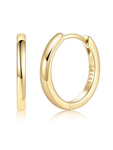 925 Sterling Silver Huggie Hoop Earrings, Small Silver Hoop Earrings for Women Hypoallergenic Huggie Lightweight Small Hoops Earring Cartilage Sleeper Earrings 6/8/10/12/14/16/18/20mm - color: Gold, size: 14MM