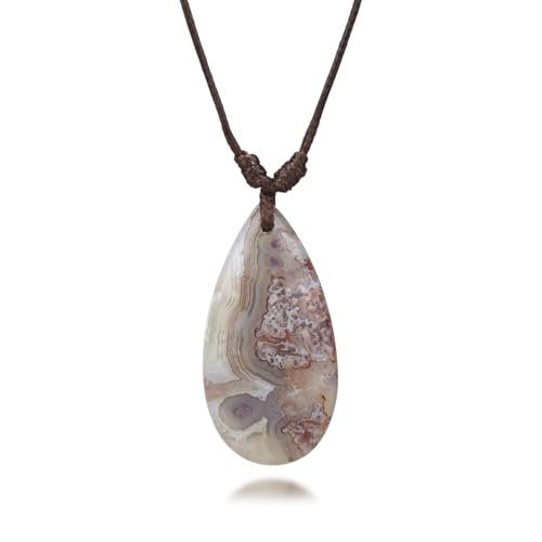 Mexican Agate Necklace, Natural Agat Teardrop Gemstone Pendant Necklace for Women, Adjustable Leather Cord Necklace 14-26 Inch