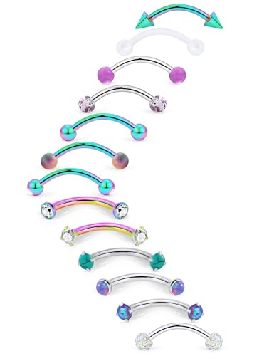 16g 8/10mm Silver/Black/Rose-Gold/Rainbow Eyebrow Piercing Jewelry Rings Curved Barbell Vertical Labret Lip Surgical Steel Small Belly Button Snake Eyes Tongue Rook Earrings for Women Men - color: Rainbow / Purple, size: 16g*10mm*3mm