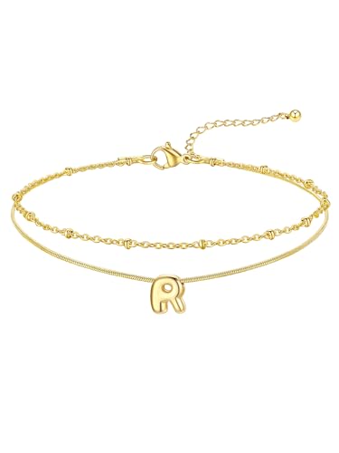 FOCALOOK Initial Anklet Bracelet for Women, 14K Gold Plated Anklets Layer Letter Ankle Chain Non Tarnish, 8.5"+2" Adjustable Large Ankle Summer Beach Foot Jewelry - color: Gold-R
