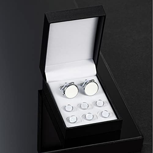 wynameleri Mens Classic Shirts Cufflink Studs, Mother-of-Pearl Tuxedo Shirt Button and Cuff Links Set, Formal Business Wedding Jewelry - color: MOP-Silver White