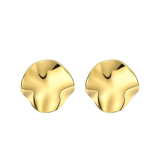 Geometric Rectangle Gold Plated Stud Earrings Irregular Hammered Chunky Statement Square Earrings for Women Trendy - color: Gold Round