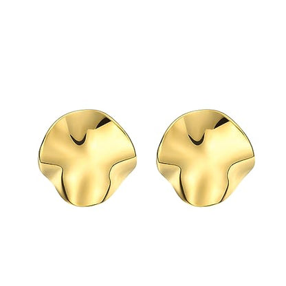 Geometric Rectangle Gold Plated Stud Earrings Irregular Hammered Chunky Statement Square Earrings for Women Trendy - color: Gold Round