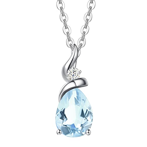 FANCIME 14K Solid White Gold Birthstone Pendant Necklace for Women with Diamond Pear Shaped Teardrop Necklace Birthday Gifts for Mom Women,Sterling Silver Chain 16" + 2" Extender - color: 03-Aquamarine