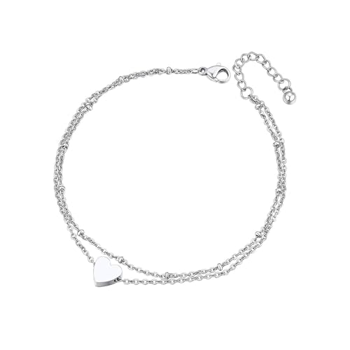 Anklet for Women Layered Anklets Women Double Heart Silver Bohemian Pearls Flat Chain Ankle Bracelet Charm Beaded Dainty Foot Jewelry Heart Charm Dainty Layer Anklets Trendy - color: Double Heart