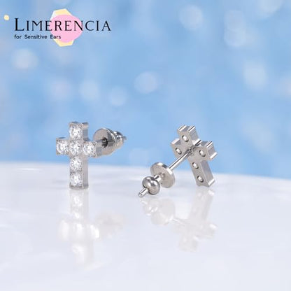 Limerencia G23 Pure Titanium Hypoallergenic Earrings | F136 Implant Grade Titanium Jewelry for Sensitive Ears - color: Cross CZ Silver